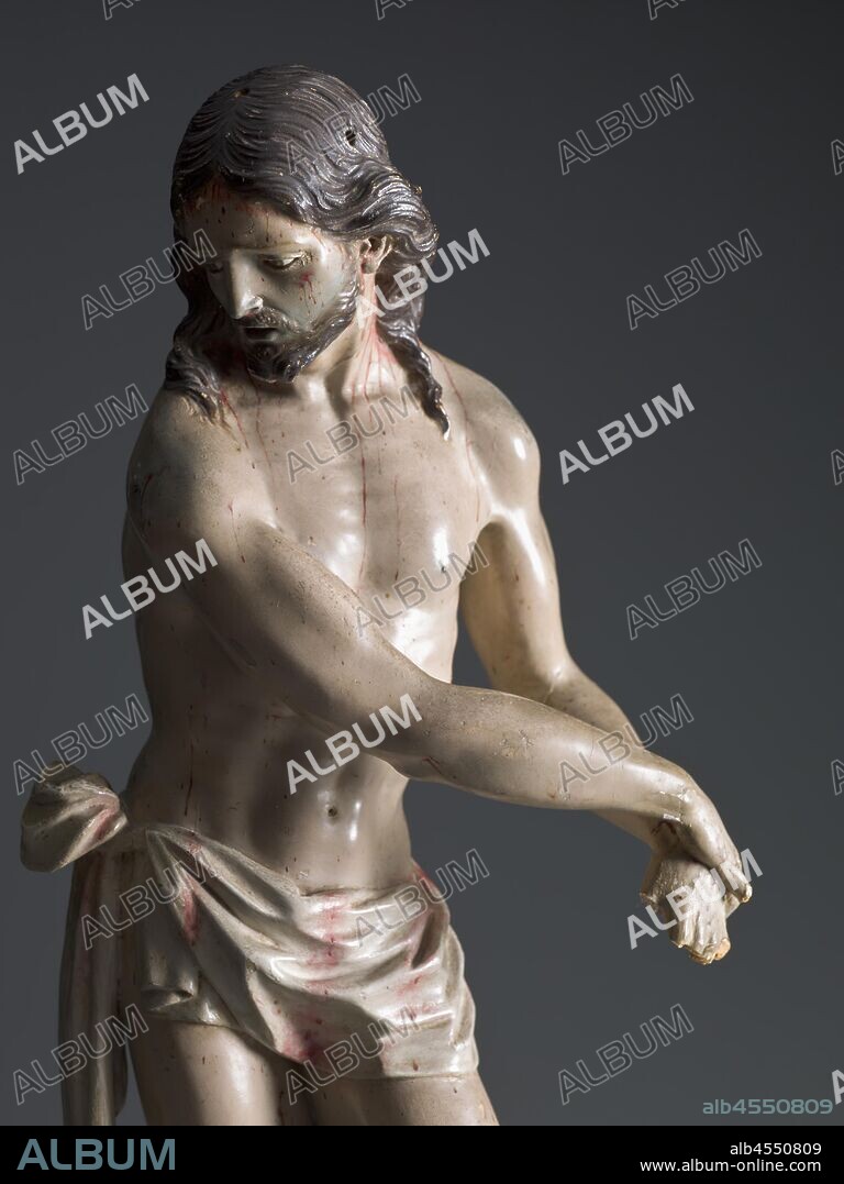 Christ at the Column, Attributed to Caspicara (Manuel Chili) (Ecuadorian, 1723-1796), second half of 18th century, polychromed wood, inlaid glass eyes, height 16-1/4 in. (without base), European Painting and Sculpture Before 1800.
