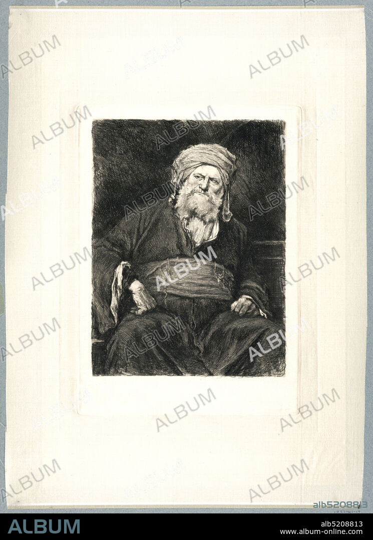 Pharisian, William Unger, German, 1837 - 1932, Michael Munkacey, 1844 - 1909, Etching in dark brown ink on white satin, Knee length portrait of a large man seated frontally, wearing robes and a turban. His glance is directed to the left, his right hand leans on his right thigh., Germany, ca. 1880, Print, Print.