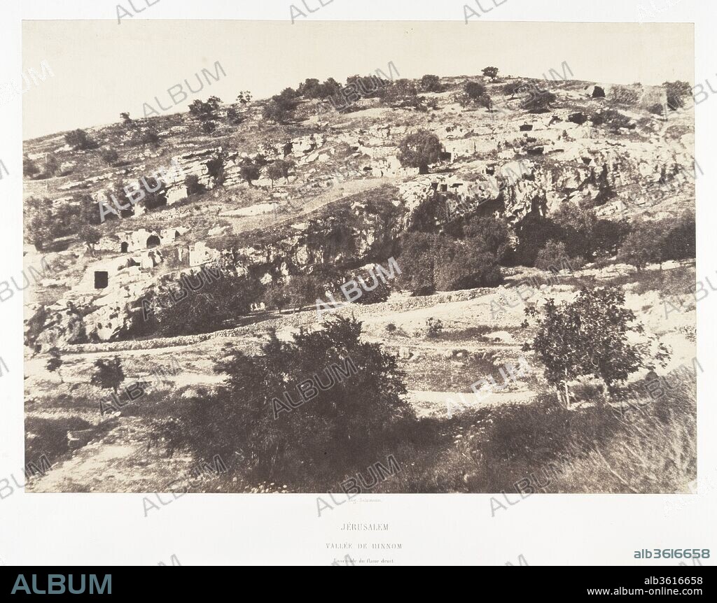 Jérusalem, Vallée de Hinnom, Ensemble du flanc droit. Artist: Auguste Salzmann (French, 1824-1872). Dimensions: Image: 23.4 x 33.3 cm (9 3/16 x 13 1/8 in.)
Mount: 44.5 x 59.7 cm (17 1/2 x 23 1/2 in.). Printer: Imprimerie photographique de Blanquart-Évrard, à Lille (French, active 1851-55). Date: 1854.