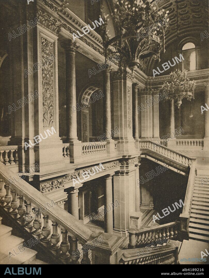 'Marble Balustrades of the Staircase in the Foreign Office', c1935. The Italianate interior of the Foreign Office in King Charles Street, off Whitehall, in central London. The building was designed by George Gilbert Scott and was completed in 1868. From "Wonderful London, Volume 3", edited by Arthur St John Adcock. [The Fleetway House, London, c1935].
