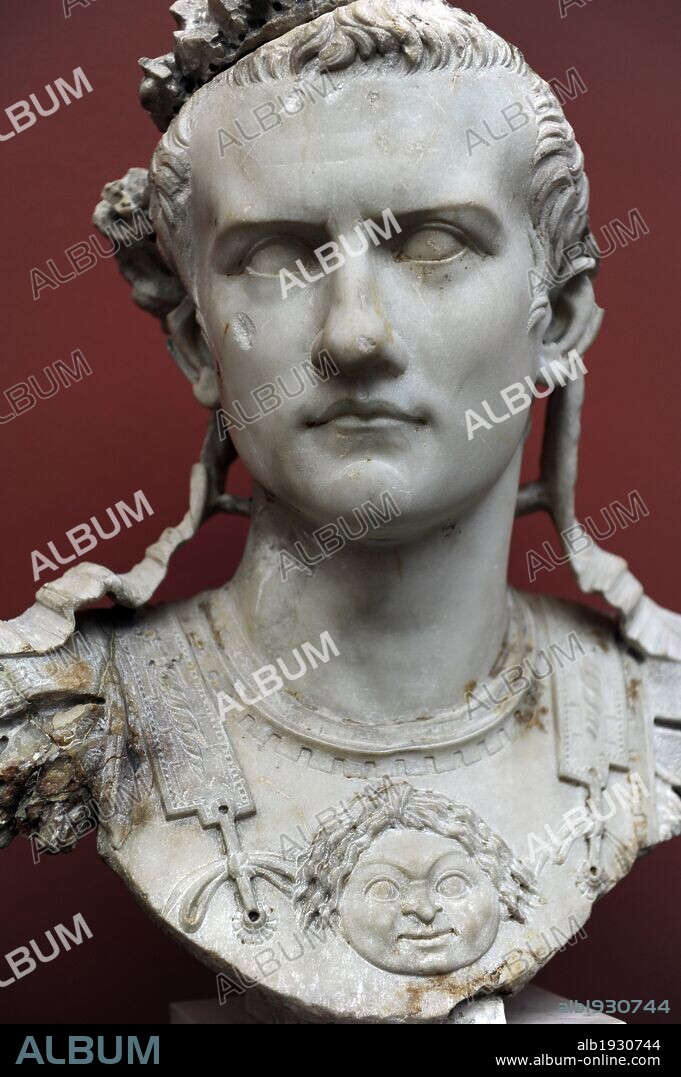 Caligua (Gaius Julius Caesar Augustus Germanicus). (12-41 AD). 3rd roman emperor. Julio-Claudian dynasty. Bust of emperor with armor. Rome, 37-41 AD. Marble. Ny Carlsberg Glyptotek. Copenhagen, Denmark.