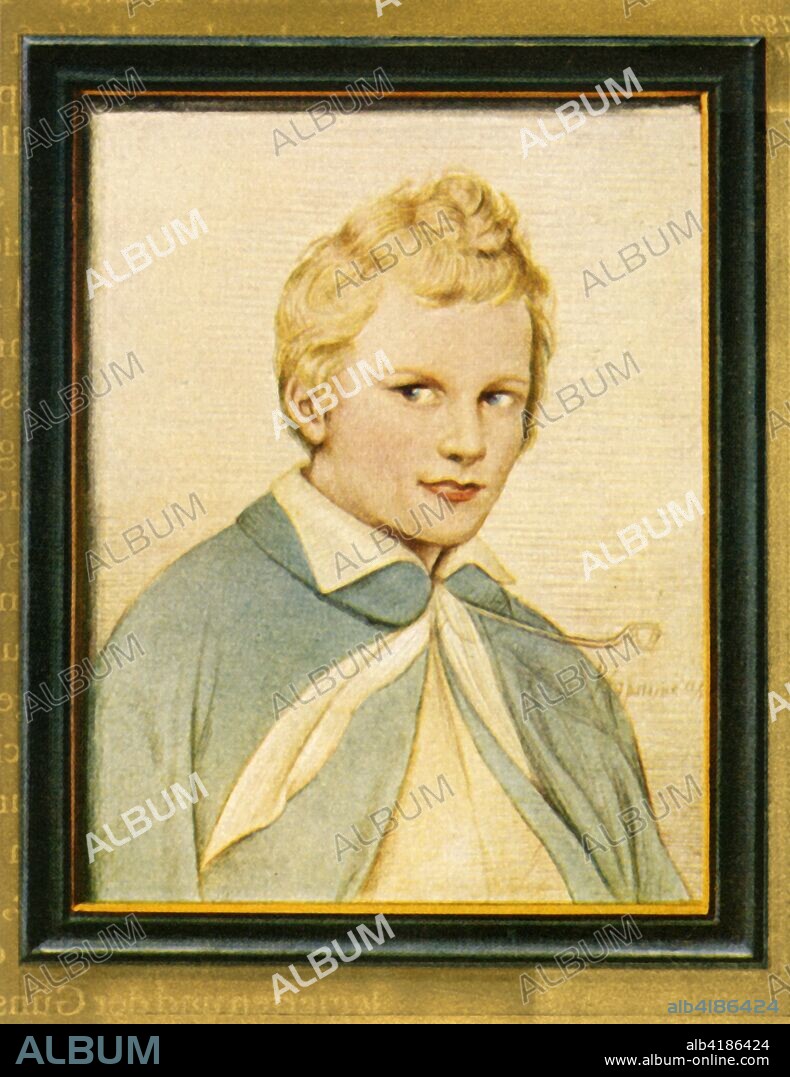 'Karl Friedrich Schinkel', (1933). Portrait of  Prussian architect, city planner, and painter Karl Friedrich Schinkel (1781-1841). Schinkel is noted for his  neoclassical and neogothic buildings in Berlin. He also designed furniture and stage sets. After a miniature drawing made in the 1830s by August Grahl. From "Gestalten Der Weltgeschichte", a book of cigarette-card portrait miniatures of figures in world history from the last four hundred years. [Germany, 1933].