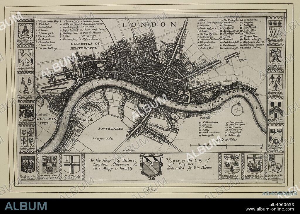 WENCESLAUS HOLLAR et RICHARD BLOME. A map of London. London / by Ric. Blome ; W. Hollar fecit. London : Tho. Roycroft for R. Blome, 1673. Source: Maps Crace Port. 1.45. Language: English.