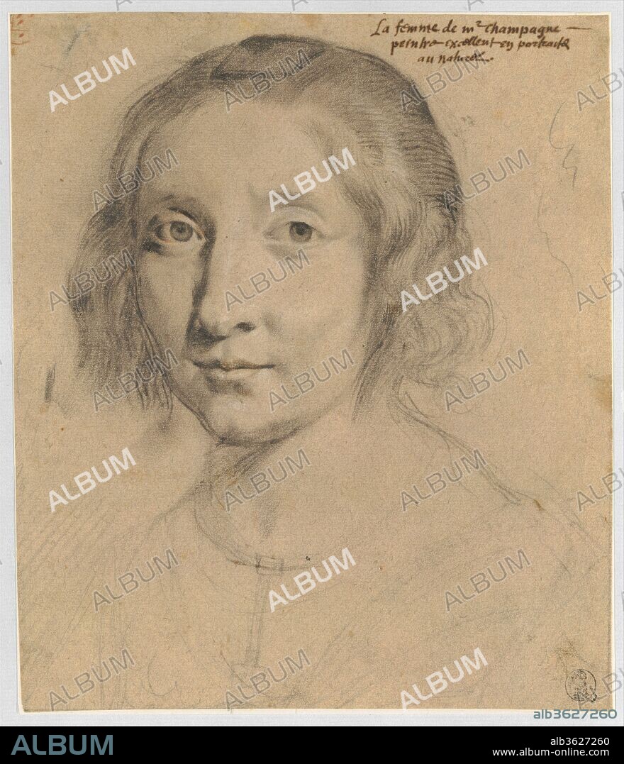 Portrait of Charlotte Duchesne. Artist: Philippe de Champaigne (French, Brussels 1602-1674 Paris). Dimensions: 8 11/16 x 7 11/16 in. (22 x 19.6 cm.). Date: ca. 1628.
Although the inscription likely postdates the artist's lifetime, there is no reason to doubt that this sheet is a portrait drawn from life of Philippe de Champaigne's wife, Charlotte Duchesne, daughter of the painter Nicolas Duchesne, who had hired the young Flemish-born artist to assist in the decoration of the Luxembourg Palace for Marie de' Medici shortly after his arrival in Paris. It is a study for a bust-length oil painting in the Bowes Museum, Barnard Castle, which, before the Metropolitan's drawing came to light in 1992, had been thought to represent Henriette of France, wife of Charles I of England.
With a disarming directness, the artist focused on transcribing his young wife's features and expression, with only the most minimal and schematic indications of costume and jewelry. To create this effect of naturalism, the face was subtly modeled in black chalk with touches of white and red. The delicate handling calls attention to the slight knitting of the sitter's brow and the rounded cheek revealing just the faintest hint of a smile.