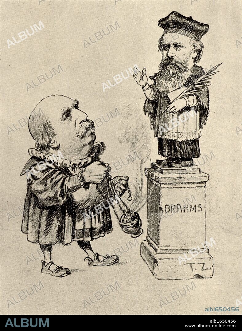 Eduard Hanslick (1825-1904) Austrian music critic, worshipping Brahms on a pedestal. Hanslick supported Schumann and Brahms against Wagner. Caricature. Halftone.  (Photo by: Universal History Archive/UIG via Getty Images).