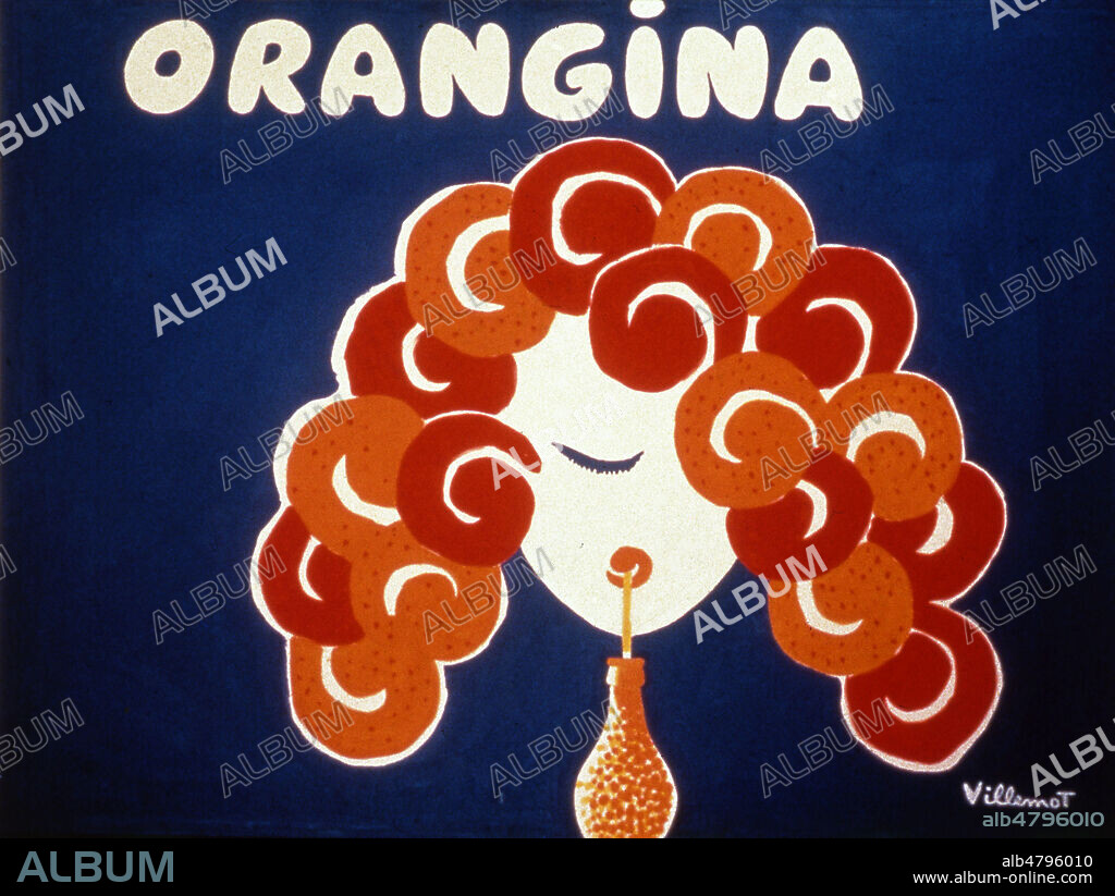 Publicite Orangina de 1984, illustree par Bernard VILLEMOT (1911-1989) ADAGP. Une jeune fille, dont les cheveux boucles evoquent des oranges, boit un orangina a la paille. Credit : Collection Grob/KHARBINE-TAPABOR.