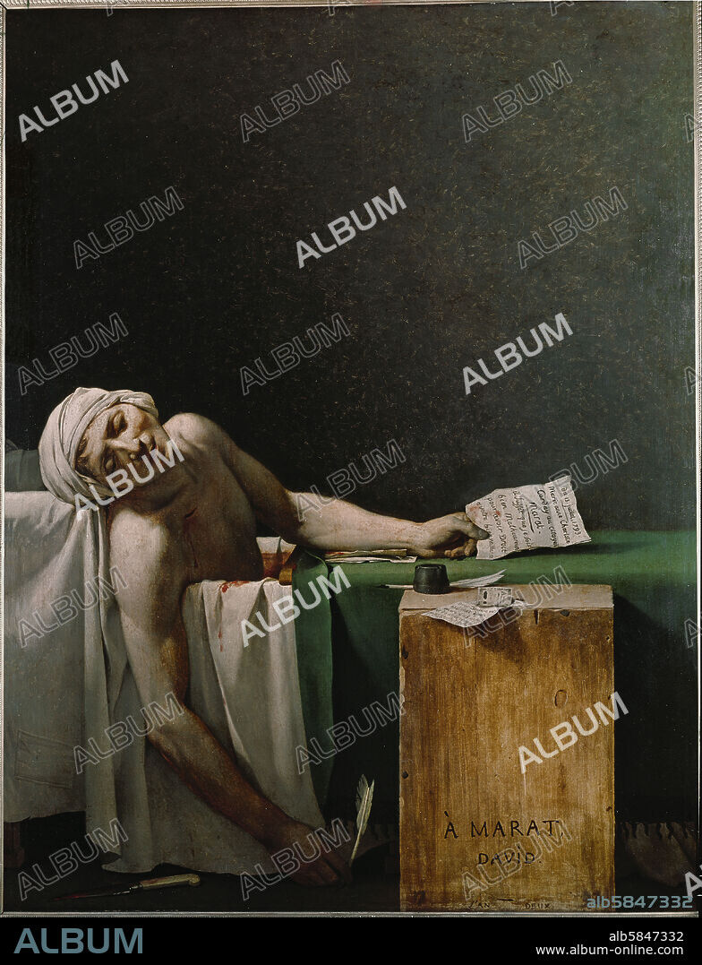 JACQUES LOUIS DAVID. Jean Paul Marat, politician and publicist, dead in his bathtub, assassinated by Charlotte Corday,1792. In 1793,David gave this painting to the Convention. For a studio-copy see 40-11-16 / 62. Oil on canvas,165 x 128 cm Inv.3261.