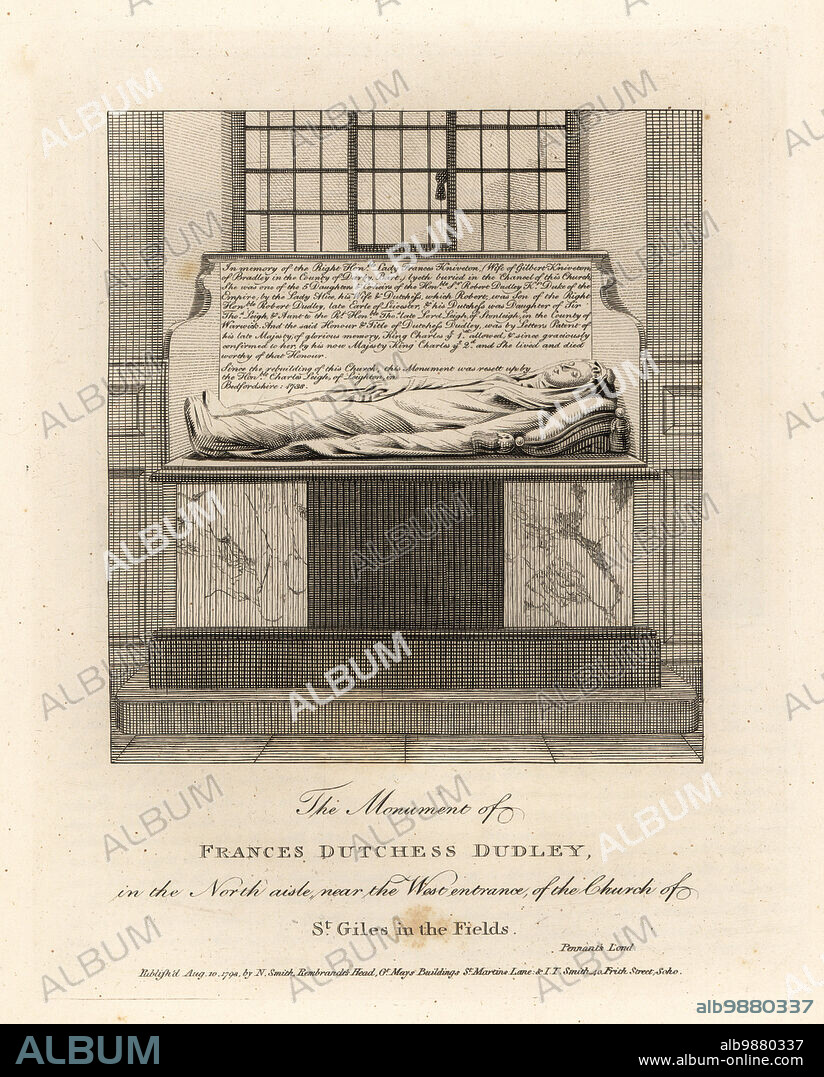 Monument of Lady Frances Kniveton, Duchess of Dudley, wife of Sir Gilbert Kniveton, in the church of St. Giles in the Fields. Depicted in a shroud. Copperplate engraving by John Thomas Smith after original drawings by members of the Society of Antiquaries from his J.T. Smiths Antiquities of London and its Environs, J. Sewell, R. Folder, J. Simco, London, 1798.