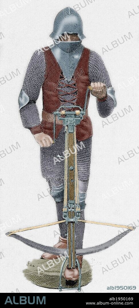 HISTORIA MEDIEVAL. BALLESTERO del siglo XV. Grabado coloreado del siglo XIX.