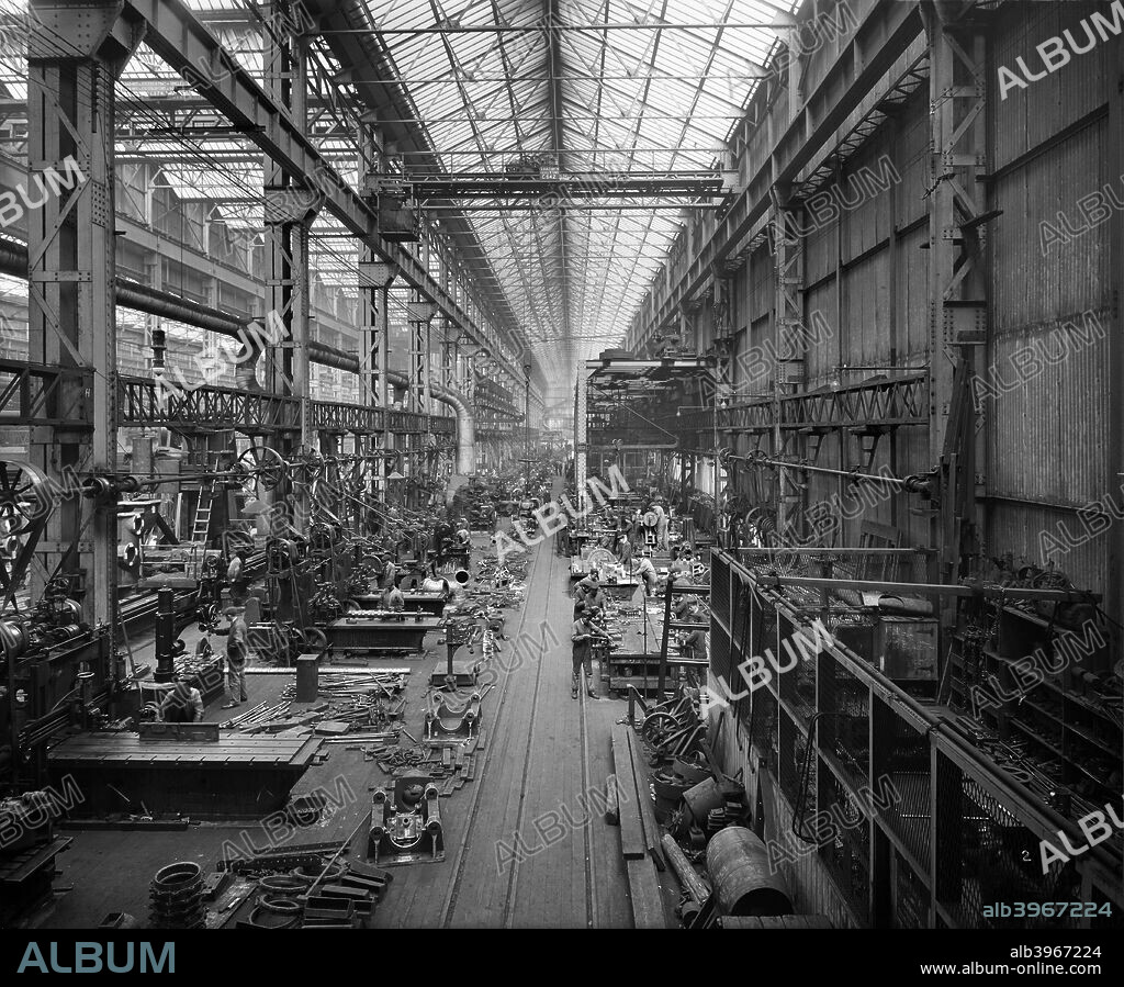 Cammell Laird shipyard, Birkenhead, Merseyside, 1913. Interior view showing a bay in the engine shop. One of a series of photographs of Cammell Laird works.
