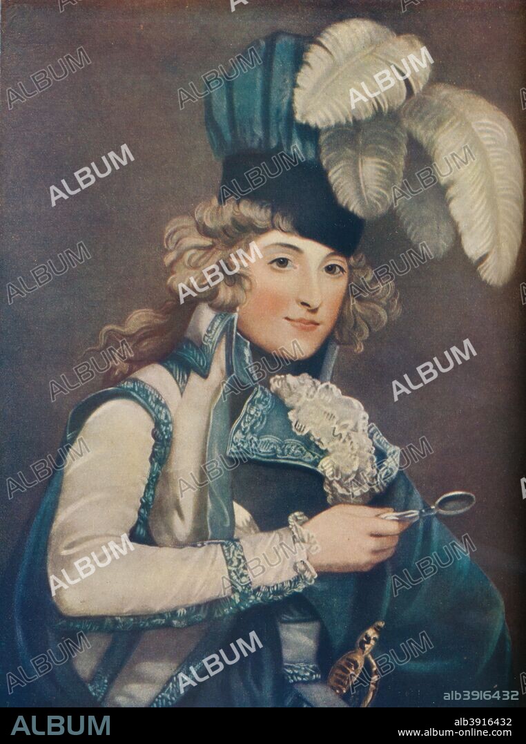 'Mrs. Jordan in the Character of Hypolita, 1910. Dorothea Jordan (1761-1816) was an Anglo-Irish actress, courtesan, and the mistress and companion of the future King William IV of the United Kingdom, for 20 years while he was Duke of Clarence. Together they had ten illegitimate children, all of whom took the surname FitzClarence. From The Connoisseur Vol XXVI. [Otto Limited, London, 1910].