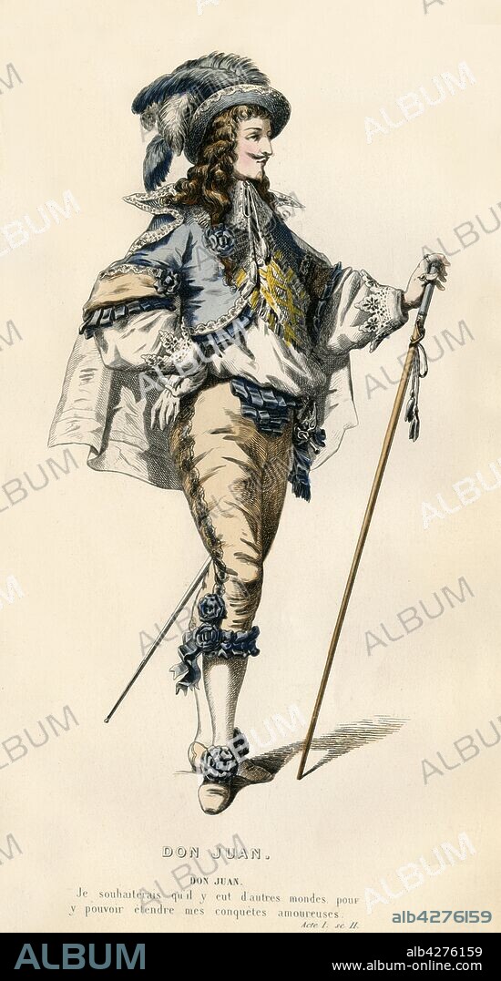 'Don Juan', 1868. The character of Don or Dom Juan in "Dom Juan ou le Festin de pierre" (Dom Juan or The Feast with the Statue), a play by Jean Baptiste de Molière, first staged in 1665. From "Oeuvres Complètes De Molière", (Complete Works of Molière), with an introduction by Jules Janin. [F. de P. Mellado, Paris, 1868].