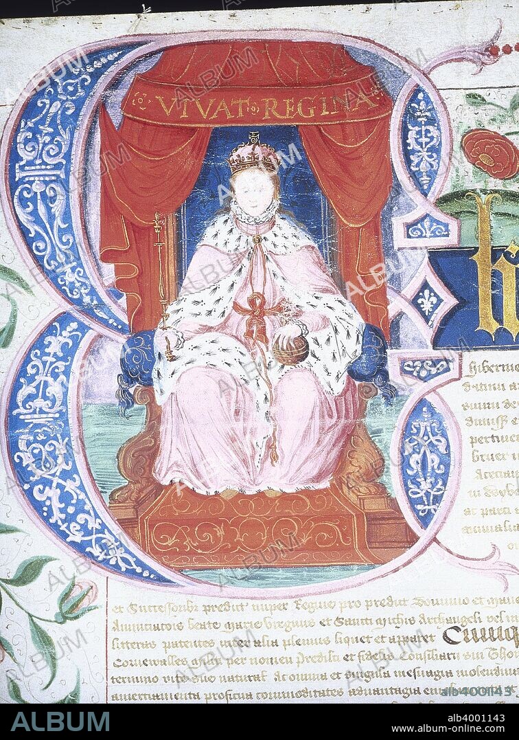 Decorated initial letter from a manuscript, 1559. The illustration features a picture of the new Queen Elizabeth I, depicted with flowing hair in the fashion of a young maiden.