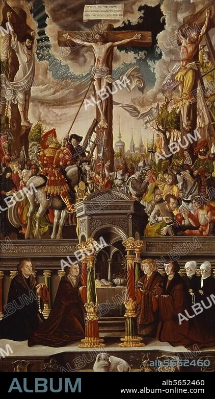 GEORG LEMBERGER. Lemberger, Georg c. 1495 - c. 1540. "Schmidburg Epitaph". Front side: Crucifixion of Christ and members of the Schmidburg family and Pistoris. Oil on wood, 142.7 × 84.5 cm. From the Nikolaikirche in Leipzig. Leipzig, Museum der Bildenden Künste.