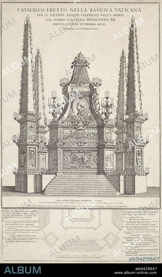 Funeral monument called catafalque on the print for Pope Innocent XII Cross section of monument and explanatory list of letters in lower margin, Catafalco Innocent XII Catafalco eretto nella basilica Vaticana Per le solenni esequie celebrate nella morte del sommo pontefice innocenzo XI , print maker: Michelangelo Specchi, (mentioned on object), Giovanni Battista Contini, (mentioned on object), publisher: Domenico de'Rossi, (mentioned on object), print maker: Italy, Italy, publisher: Rome, Vaticaanstad, 1694 - 1750, paper, etching, h 580 mm × w 360 mm.