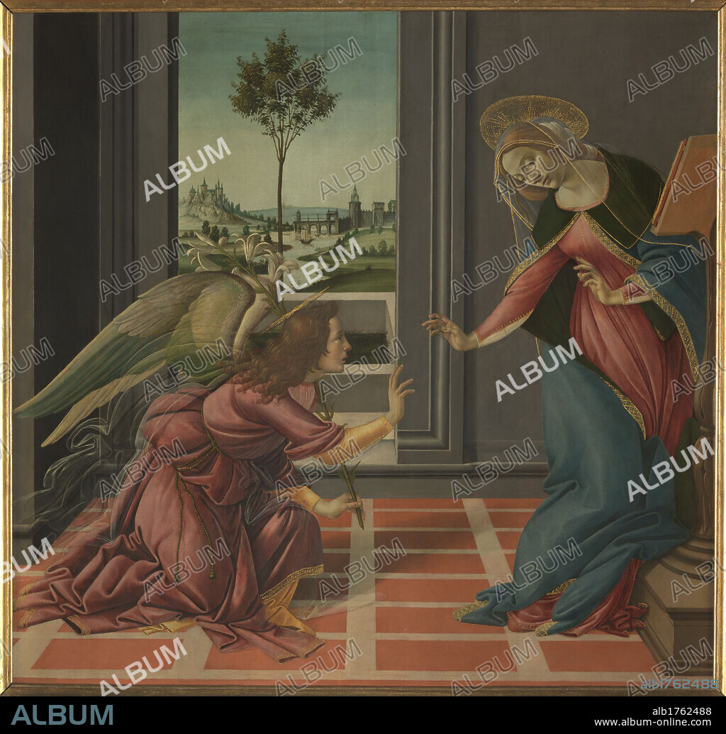 The Annunciation, by Sandro Filipepi Known as Botticelli, 1489-1490, 15th Century, panel, cm 150 x 156. Italy, Tuscany, Florence, Uffizi Gallery. Total Annunciation without frame Virgin Annunciated Angel Annunciating Archangel Gabriel interior prie dieu music stand book nimbus airy drapery door landscape view plant river bridge in the distance building vanishing point geometric decoration of the floor pink red white blu green brown tones grey light shade (photographic campaign 2009). Authorization required for non editorial use.