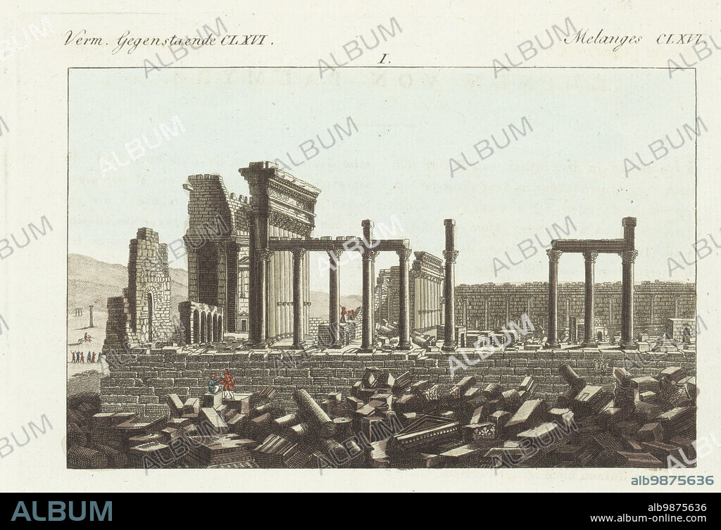 Ruins at Palmyra, Syria. Temple of Bel, Temple of the Sun or the Temple of Baal. In 1810 it was a Bedouin mosque. Der Sonnentempel, le Temple du Soleil. Handcoloured copperplate engraving after Louis-François Cassas from Carl Bertuch's Bilderbuch fur Kinder (Picture Book for Children), Weimar, 1810. A 12-volume encyclopedia for children illustrated with almost 1,200 engraved plates on natural history, science, costume, mythology, etc., published from 1790-1830.
