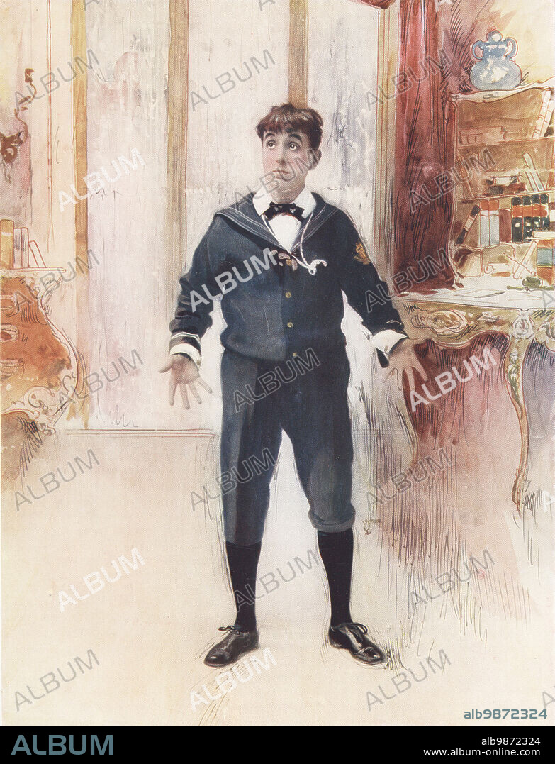 Weedon Grossmith as Archibald Rennick in The New Boy, a farcical comedy by Arthur Law, Terry's Theatre, 1894. Walter Weedon Grossmith, English writer, painter, actor and playwright, 1854-1919. Photograph by Alfred Ellis and Walery (Stanislaw Julian Ignacy). Colour printing of a hand-coloured illustration based on a monochrome photograph from George Newness Players of the Day, London, 1905.