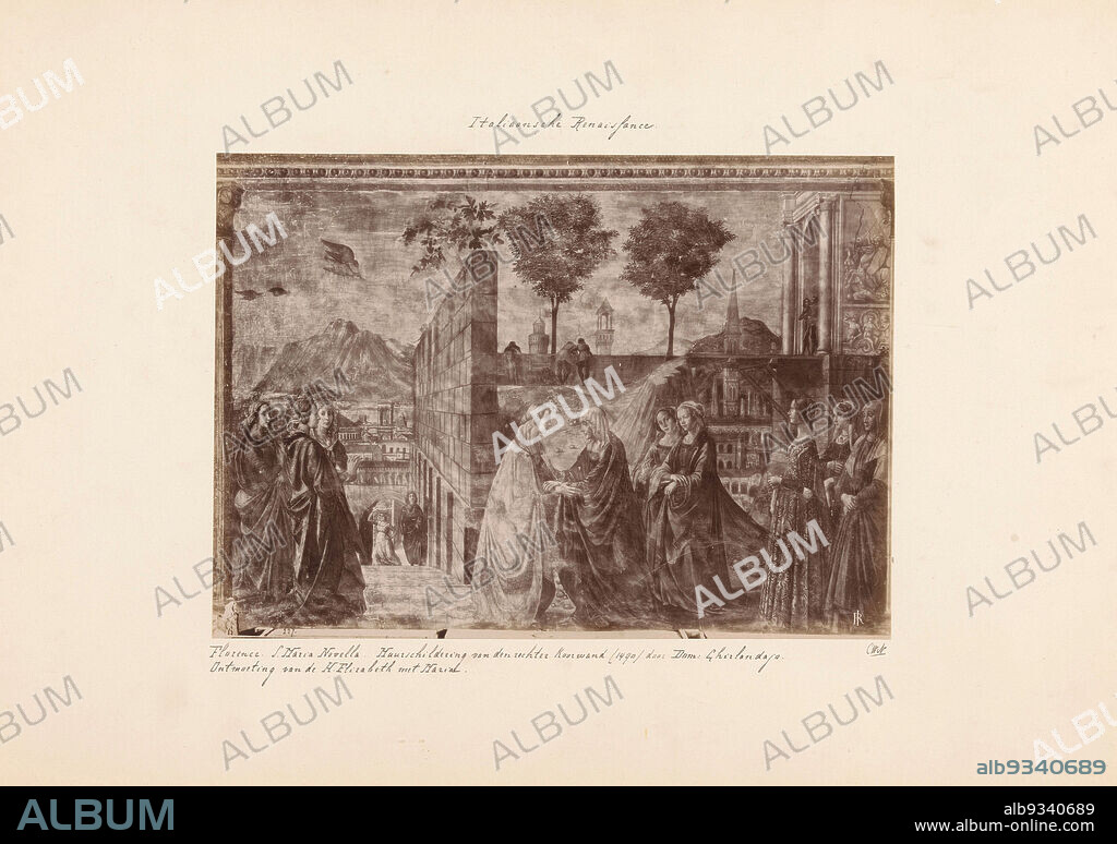 Photoreproduction of a fresco in the Santa Maria Novella in Florence by Domenico Ghirlandaio, depicting the meeting of Elizabeth and Mary, Florence. S. Maria Novella. Mural painting of the right choir wall (1490) by Dom: Ghirlandajo. (title on object), anonymous, Domenico Ghirlandaio, Santa Maria Novella, c. 1875 - c. 1900, cardboard, albumen print, height 177 mm × width 248 mm.