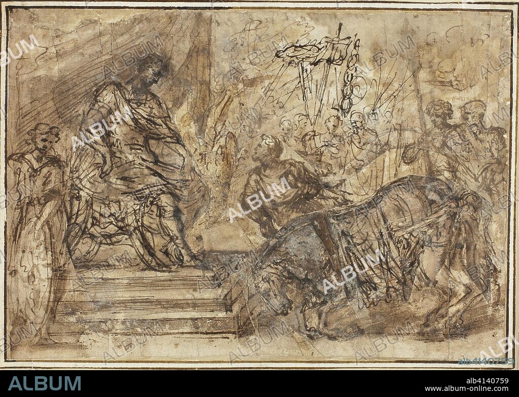 Caligula Appointing His Horse Incitatus to the Consulship. Style of Pietro da Cortona; Italian, 1596-1669. Date: 1616-1669. Dimensions: 156 x 225 mm. Pen and brown ink with brush and brown wash, on collage of ivory wove papers, laid down on ivory laid paper. Origin: Italy.