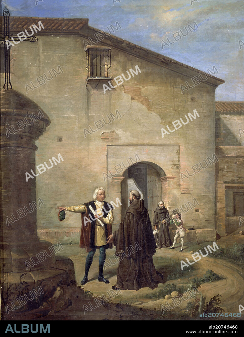 ANTONIO CABRAL BEJARANO (1788-1861). The Franciscan friars of the Convento of Santa Maria de la Rabida give bread and water to Christopher Columbus and his son Diego - 19th century- 1858 - oil on canvas.