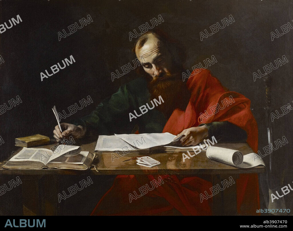 VALENTIN DE BOULOGNE. Saint Paul Writing His Epistles. Date/Period: Between ca. 1618 and ca. 1620. Painting. Oil on canvas. Height: 99.38 mm (3.91 in); Width: 52.38 mm (2.06 in).