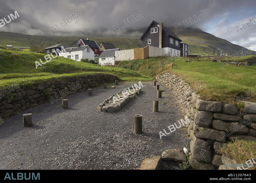 Viking longhouse dating from the 10th century, archaeological site of Toftanes, village of Leirvik, Eysturoy Island, Faroe Islands (Faroes), Denmark, Europe.