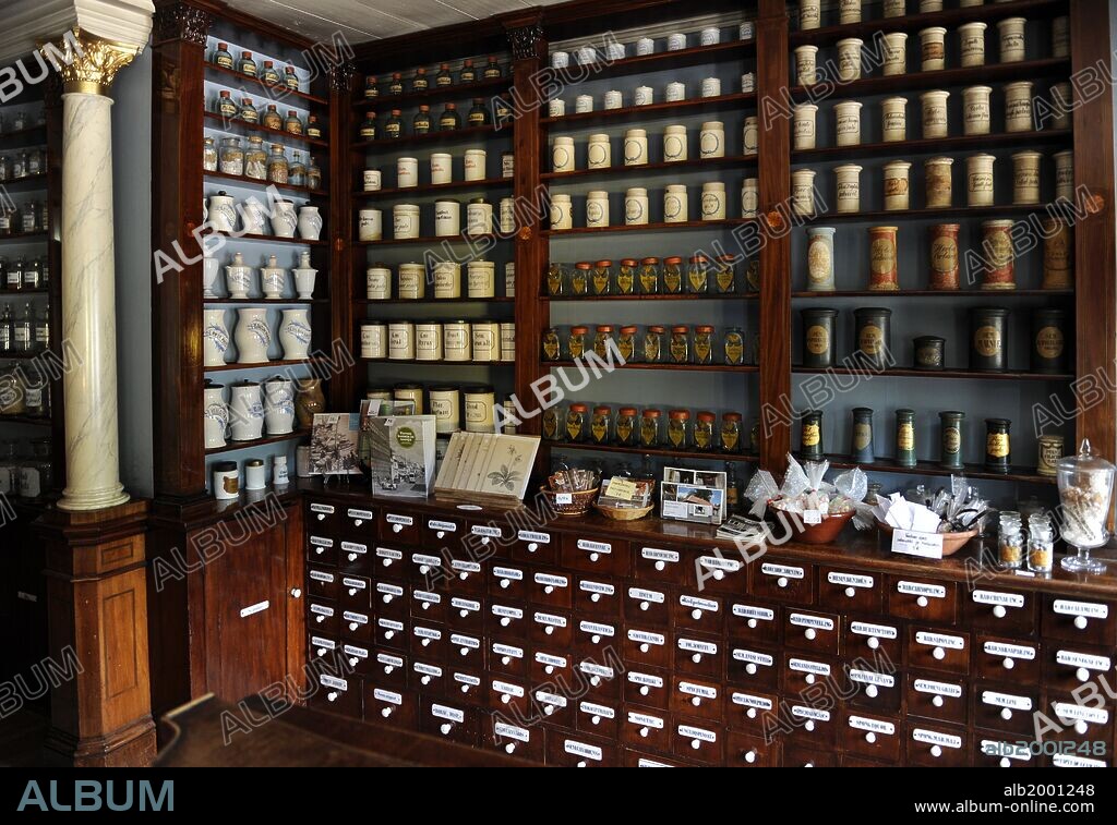 Finland. Turku. Pharmacy Museum and the Qwensel house, built in the 1700s in an area reserved for the nobility. A pharmacy from the 19th century has been furnished in the shop wing of the building. Collection of pharmacy utensils on display.