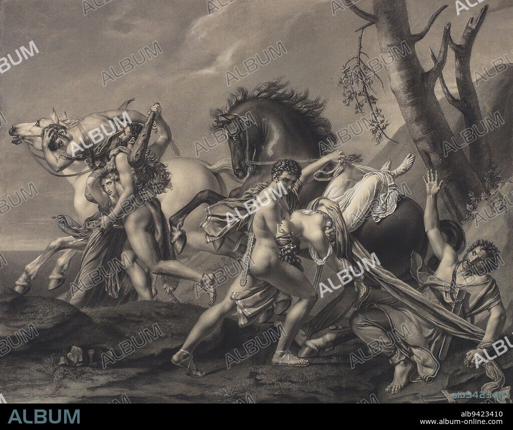 Theseus and Pirithoüs Clearing the Earth of Brigands, Deliver Two Women from the Hands of their Abductors, 1806, Marie-Joséphine-Angélique Mongez, French, 1775 - 1855, 23 3/8 × 29 1/2 in. (59.44 × 74.93 cm) (sheet)31 3/4 × 37 3/4 × 2 3/8 in. (80.65 × 95.89 × 6.03 cm) (outer frame), Black, white, blue, ochre chalks on ivory paper, France, 19th century, Mongez enjoyed success as a history paintera rare and grand achievement for a woman artist active during the Napoleonic era. She studied with Jacques-Louis David, the most influential artist in France. Mongezs paintings were exhibited at the Paris Salons from 1802 until 1827. Mongezs drawing relates to a painting exhibited at the Salon of 1806, which was acquired by the Russian Prince Youssoupoff. Plutarchs 'Life of Theseus' inspired the composition. The legendary Greek hero sought to rid his kingdom of brigands. Here, Theseus and his companion the Lapith Pirithoüs rescue two maidens from their abductors. Theseus wields a club at the bandit who attempts to flee on horseback, while Peirithoüs, after overpowering a second bandit with his sword, lowers a maiden from a rearing horse. Mongezs mastery of Davids lessons is revealed in the skillfully drawn figures, horses, and drapery all disposed in a rhythmic composition. In contrast to the passages of black and white chalks, Mongez subtly colors Pirithoüss sword sheath with light blue chalk and flesh tones in ochre chalk.