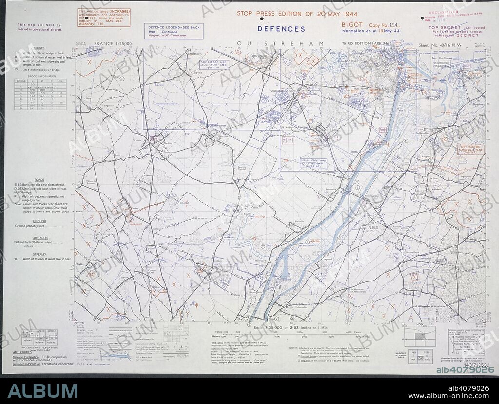 France 1:25,000 Defences, Bigot, Ouistreham. Map for Normandy invasion. Defence information overprinted in blue, red and purple on GSGS 4347. Marked Top Secret - Declassified.  . France 1:25,000 Defences, Bigot. [London] : War Office, 1944. Colour ; 40x60cm.; Scale 1:25 000. Source: Maps.14317.(259) Sheet 40-16.