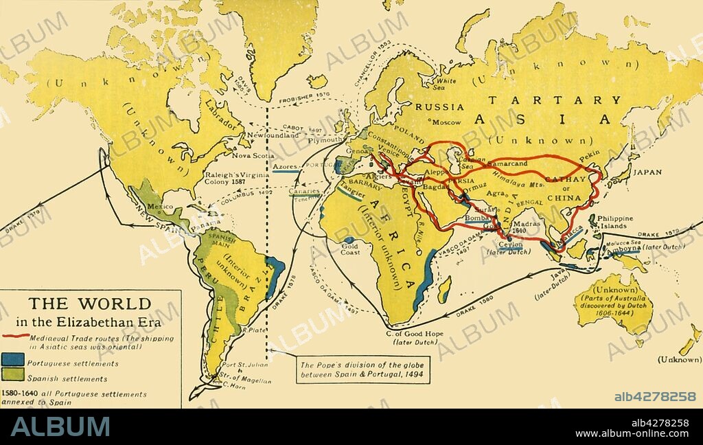 'The World in the Elizabethan Era', 1926. Map of the world during the reign of Queen Elizabeth I (1558-1603). The key shows: 'Mediaeval Trade routes, (the shipping in Asiatic seas was oriental). Portuguese and Spanish settlements'. The dotted line from Greenland down through eastern Brazil represents the Pope's division of the globe between Spain and Portugal, 1494. Also marked are the voyages of Francis Drake, Vasco da Gama and Christopher Columbus. Many parts of the world remained 'unknown' at that period. From "History of England", by George Macaulay Trevelyan. [Longmans, Green and Co. Ltd, London, 1926].