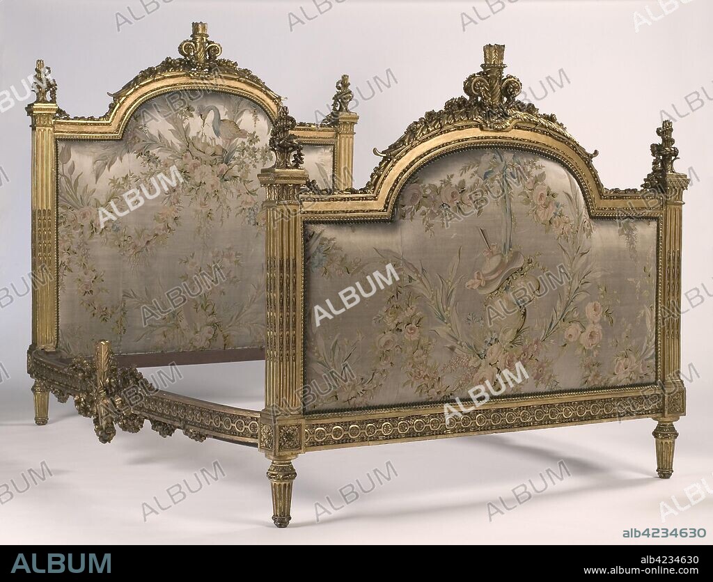 Bed, 1700s. Attributed to Georges Jacob (French, 1739-1814). Gilded wood and embroidered satin; overall: 213.4 cm (84 in.); part 1: 163.2 x 147.3 cm (64 1/4 x 58 in.); part 2: 132.7 x 147.3 cm (52 1/4 x 58 in.).