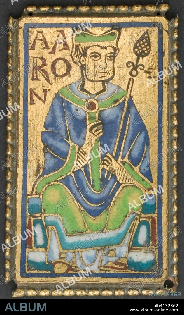 Plaque with Aaron. German (Rhineland) or French (Troyes). Date: 1160-1180. Dimensions: 6.2 × 3.7 cm (2 7/16 × 1 7/16 in.). Gilded copper, champlevé enamel. Origin: Meuse.