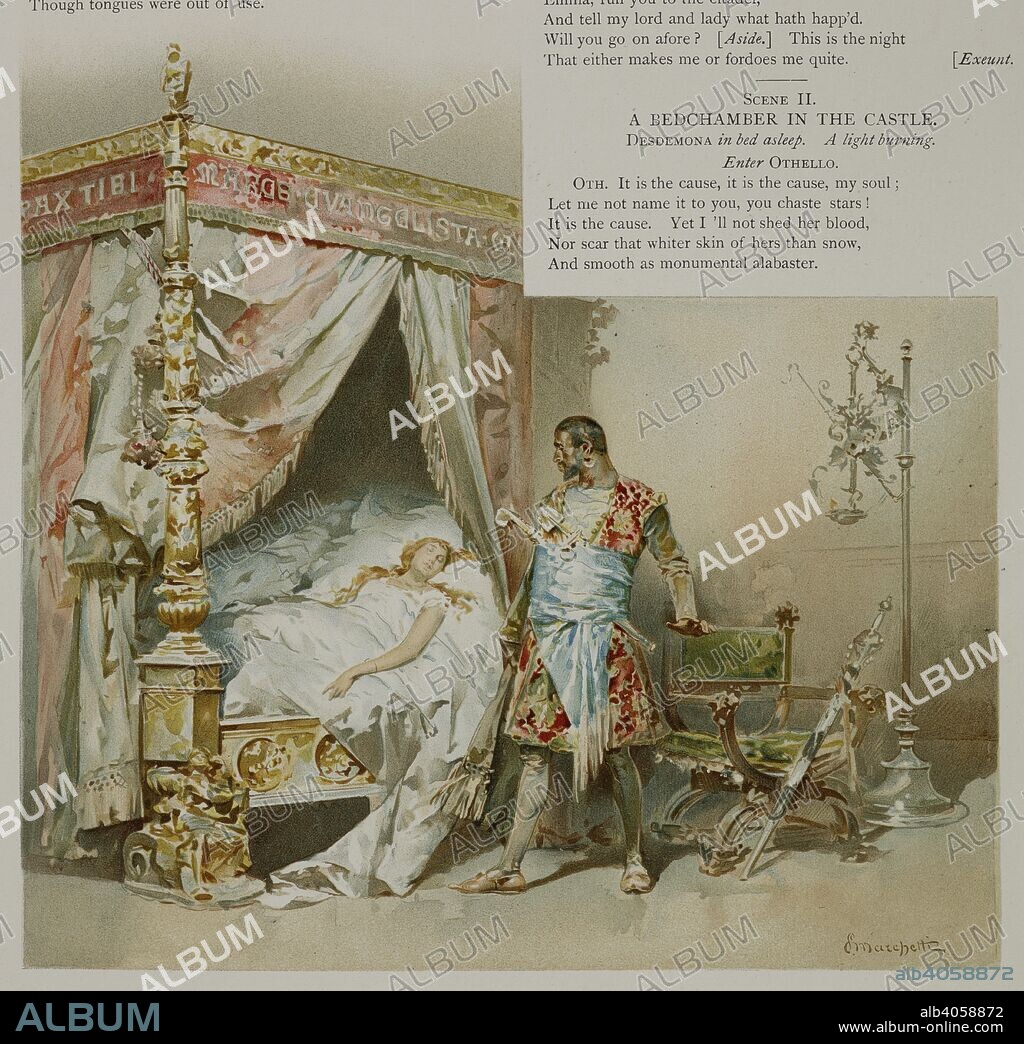 WILLIAM SHAKESPEARE. Othello looks at his wife, Desdemona, in her bed. He kills her. Othello. The moor of Venice. Simpkin and Co.: London, 1893. Source: 11765.k.9, page 37. Language: English.