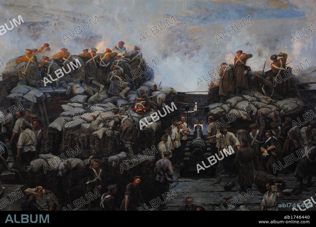 GUERRA DE CRIMEA (1853-1856). Conflicto bélico entre el Imperio Ruso y la alianza de Reino Unido, Francia, el Imperio Otomano y el Reino del Piamonte. Cuadro panorámico obra de Francisco RUBO (1856-1928). "SITIO DE SEBASTOPOL, 1854-1855". La ciudad a orillas del Mar Negro, fue sitiada durante 11 meses. El cuadro mide 1610 metros cuadrados de superficie. Detalle. Museo de la Heroica Defensa y Liberación de Sebastopol. Península de Crimea. Ucrania.