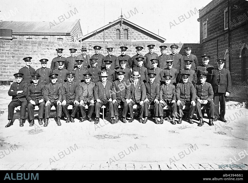 Negative - Warders, Pentridge Prison, Coburg, Victoria, circa 1910, Warders at Pentridge Prison, Coburg, circa 1910. Photograph by Thomas Beckett. Part of a collection of glass plate negatives taken by Dr Thomas George Beckett, doctor, pioneering radiologist and amateur photographer between 1891 and 1910. The collection is primarily of Beckett's family, friends, homes, and towns and suburbs where Beckett and his family lived, including Charlton in.