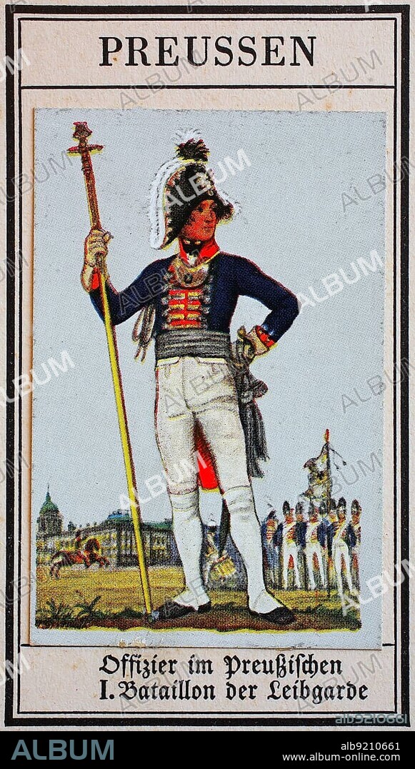 German Uniforms of the 19th century, Guard, Infantry: Prussia, Officer in the Prussian 1st Battalion of the Life Guards, Historical, digitally restored reproduction of a public domain collector's picture from the early 20th century.