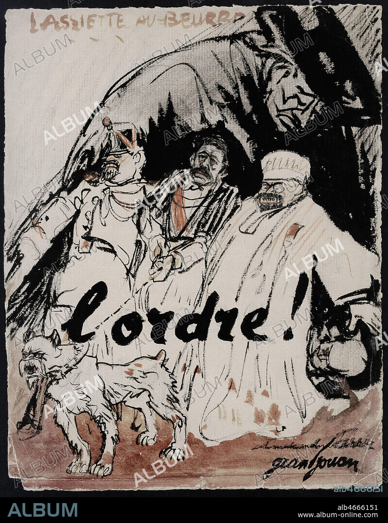 L'ordre. Dessin original par Jules GRANDJOUAN (1875-1968) pour le projet d'une couverture de la revue L'Assiette au Beurre qui n'a jamais ete publiee (Il s'est figure, les mains liees, entre le juge et le militaire). ADAGP. Credit : Coll. Dixmier/KHARBINE-TAPABOR.