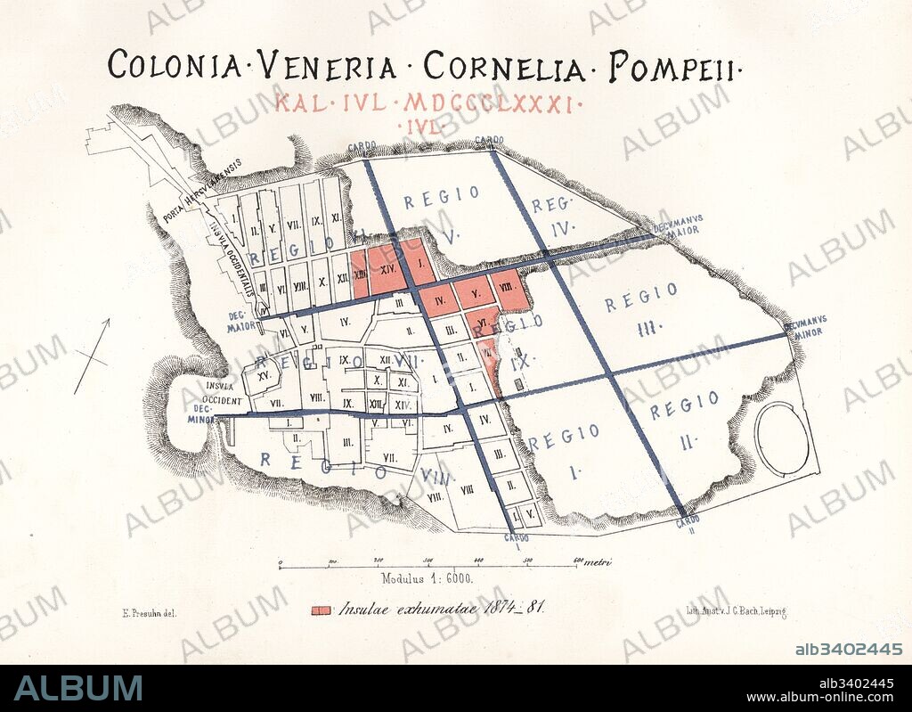 Map of the excavations of Pompeii, showing the Insulae excavated between 1874-1881 in red. Chromolithograph by J.G. Bach after an illustration by Emile Presuhn from his Les Plus Belles Peintures de Pompei (The Most Beautiful Paintings of Pompeii), Leipzig, 1881.