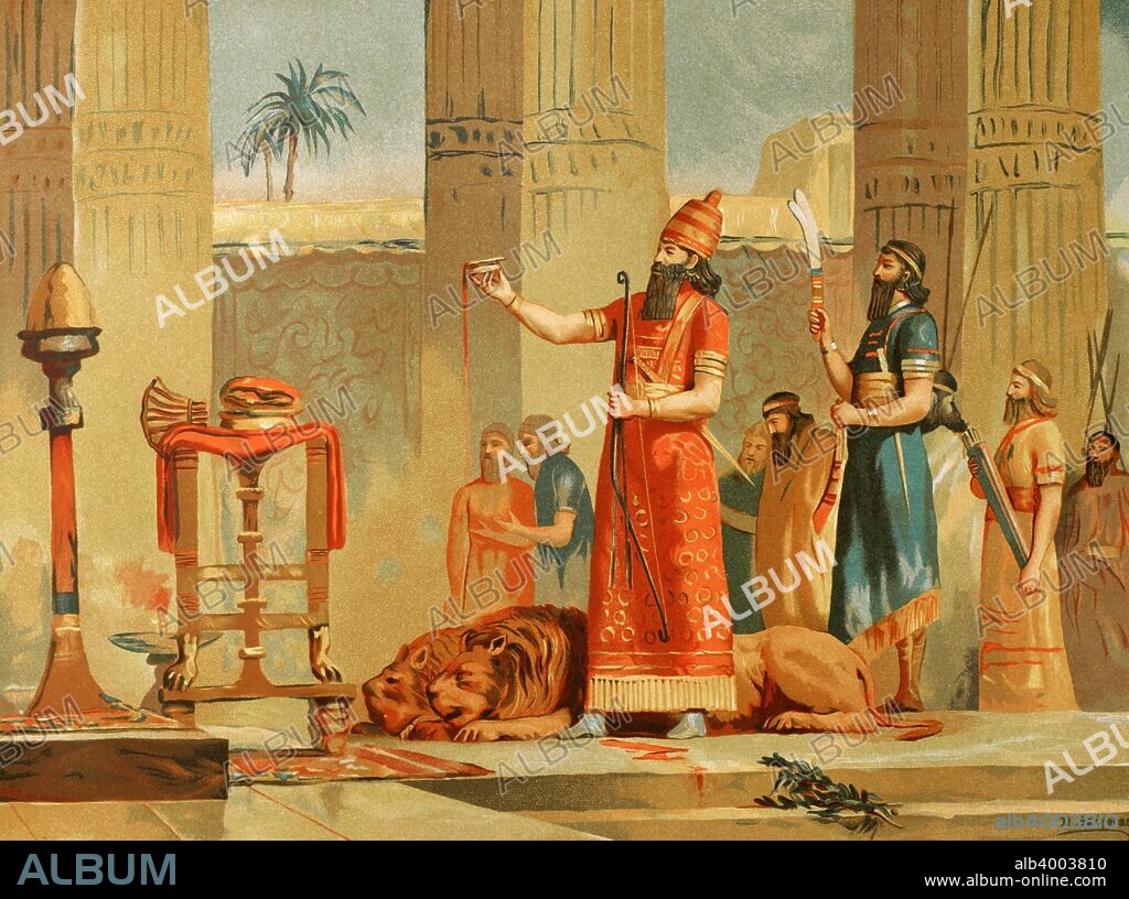 Neo-Assyrian Empire. The King Ashurbanipal (668-627 BC) sacrificing lions for the gods. Drawing by Dionisio Baixeras (1862-1943). Chromolithography. La Civilizacion (The Civilization), volume I, 1881.
