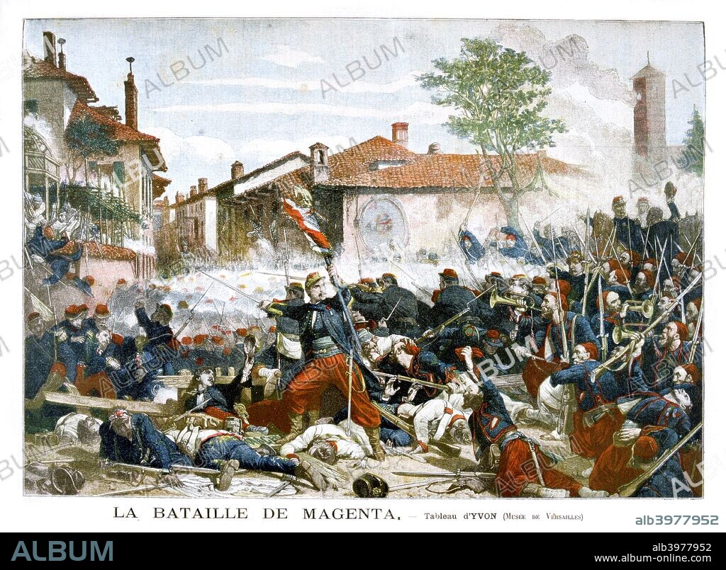 Battle of Magenta, 1859, (1901). The Battle of Magenta was an engagement in the Franco-Piedmontese War (Second War of Italian Independence). The French victory over the Austrians in the battle was an important step towards Italy becoming an independent nation. Reproduction of a painting by d'Yvon (Musee de Versailles), published in Le Petit Journal, 15th September 1901.