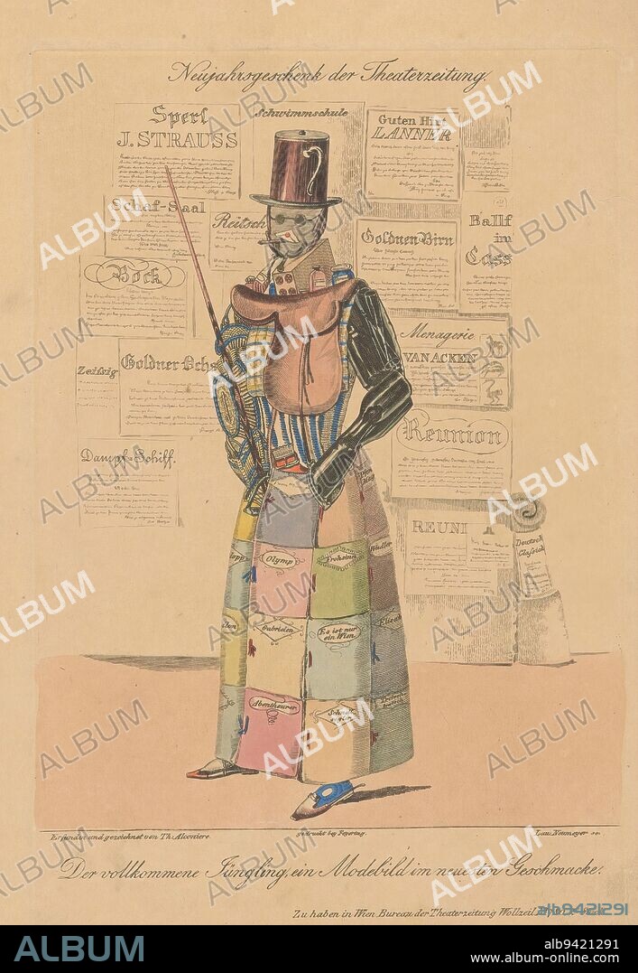 Satire on the latest fashion, Der vollkommene Jüngling, ein Modebild im neuesten Geschmacke (title on object), A figure with a pointer, composed of utilitarian objects: his hat is made of a cup, his neck of perfume bottles, his chest of a saddle, his arms of bags and glasses, his feet of pipes and his skirt of covers of popular theater and music pieces. In the background a wall with posters., print maker: L. Neumeyer, (mentioned on object), after drawing by: Theodore Alconière, (mentioned on object), after own design by: Theodore Alconière, (mentioned on object), 1836, paper, etching, engraving, height 220 mm × width 146 mm.