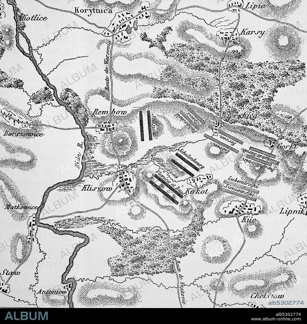 Plan of the battle of kliszów on 19 July 1702 Poland, in the battle of kliszów the armies of Charles XII stood on 19 July 1,702th and Augustus II. against. Klissow is a place south of Kielce  /  Plan der Schlacht bei Klissow am 19. Juli 1702, Polen, In der Schlacht bei Klissow standen sich am 19. Juli 1702 die Armeen von Karl XII. und August II. gegenueber. Klissow ist ein Ort suedlich von Kielce.
