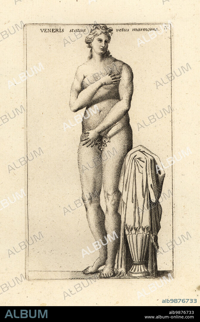 The Capitoline Venus, or Venus Pudica, modest Venus. Statue of the Roman goddess Venus naked covering her breasts and groin after a bath, originally on Viminal Hill. Veneris statua vetus marmorea. Copperplate engraving by Giovanni Battista Cannetti from Copperplates of the most beautiful ancient statues of Rome, Calcografia di piu belle statue antiche a Roma, engraved by Cannetti all'Arco della Ciambella, published by Gaetano Quojani, Rome, 1779.
