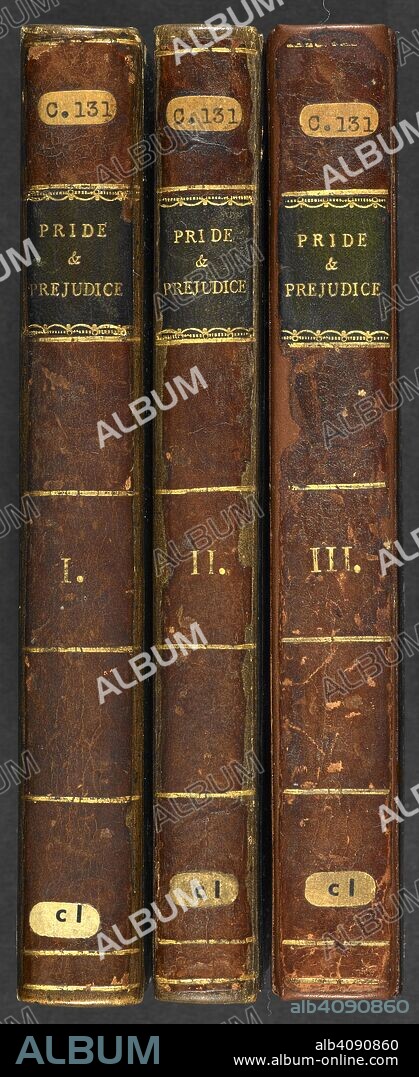 Spines of the three volumes of 'Pride and Prejudice', the novel written by Jane Austen. Pride and prejudice : a novel ... London : T. Egerton, 1813. Source: C.131.c.1. Spines. Language: English.