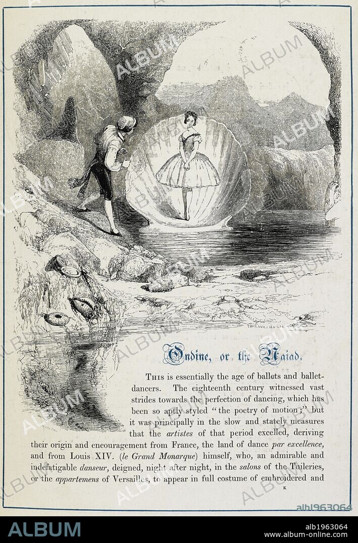 C HEATH. Scene from 'Ondine, or the Naiad', a ballet. Matteo, the fisherman, sees the naiad arise from the water, standing on a sea shell. Beauties of the Opera and Ballet. London, 1845. Black and white engaving / illustration. Source: 1344.n.40, page 65. Language: English.