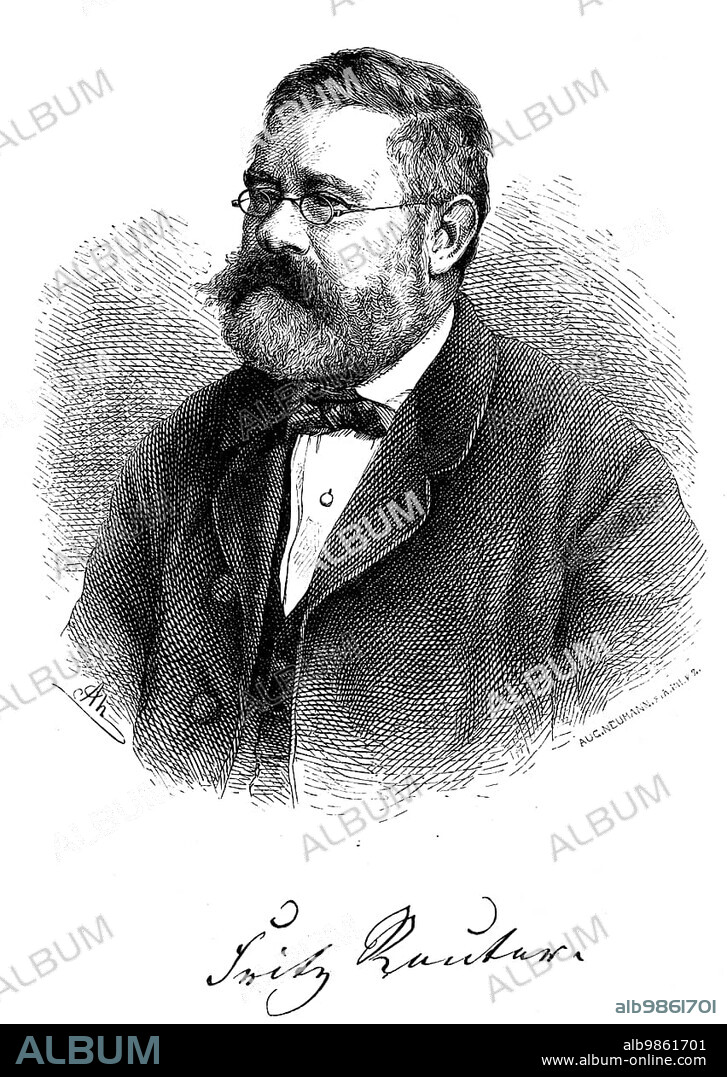 Fritz Reuter (1810) (1874) Low German writer and poet, born in Stavanger, died in Eisenach, portrait, glasses, beard, jacket, white collared shirt, clothes, bow tie, signature, name, lettering, North Germany, 19th century, historical illustration 1868.