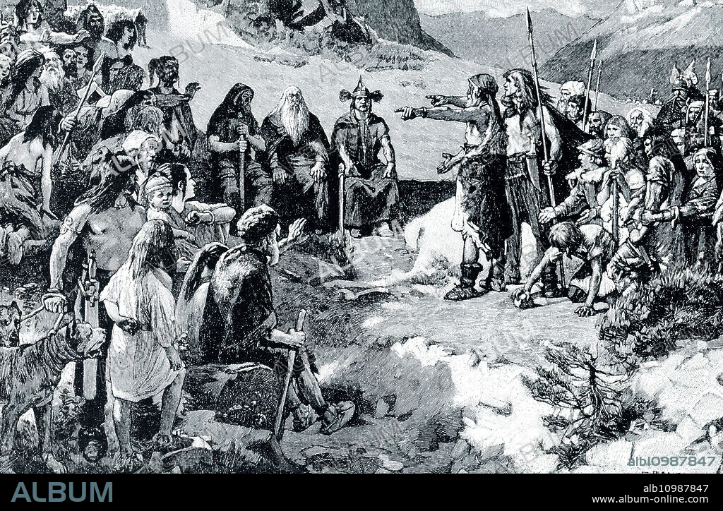The early 1900s caption reads: ""HELVETIANS PLANNING THEIR MIGRATION.,ÄîThe Helvetians were a tribe of Gauls, living in what is now Switzerland. They were constantly assailed by hordes of Germans as wild and fierce and more numerous than they. At length they held the national council which our picture shows, and decided to move in a body to some more peaceful home in the far west, by the Atlantic. Instead of peace they found death, for in their path they encountered Caesar and his Romans, and three-quarters of the entire Helvetian nation were slain."".