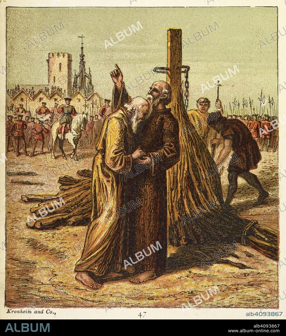 'Death of Ridley and Latimer'. Both Bishops Nicholas Ridley and Hugh Latimer were burned at the stake in Oxford on this day, October 16, 1555. They were two out of the three 'Oxford martyrs'. Pictures of English History. From the earliest times to the present period. With ninety-three pictures, printed in colour by Kronheim. London : George Routledge & Sons, [1868]. Source: 9505.ff.6 picture 47. Language: English.