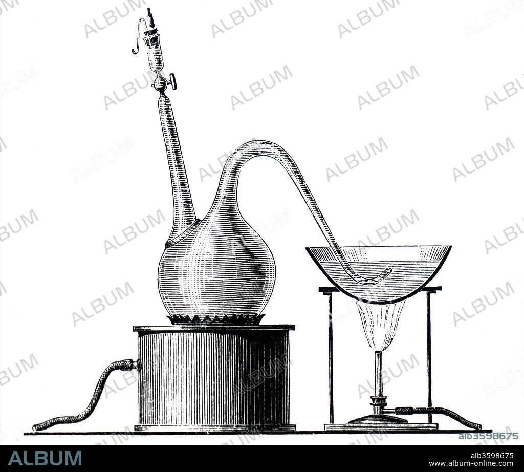 Engraving depicting an Louis Pasteur experiment demonstrating that fermentation and putrefaction are caused by air-borne organisms. The contents of the flask are sterilised and the flask is then left with the S neck open, but any organism entering falls into the bend in the S. It is only when the neck of the flask is broken and air admitted that any change takes place. Louis Pasteur (1822-1895) a French biologist, microbiologist and chemist renowned for his discoveries of the principles of vaccination, microbial fermentation and pasteurisation. Dated 19th century.